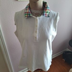 Talbots White Tank Top with Multicolor Plaid Collar